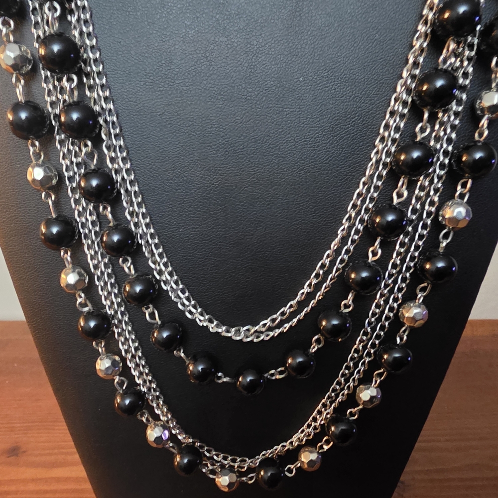 Black and Silver Layered Long Necklace